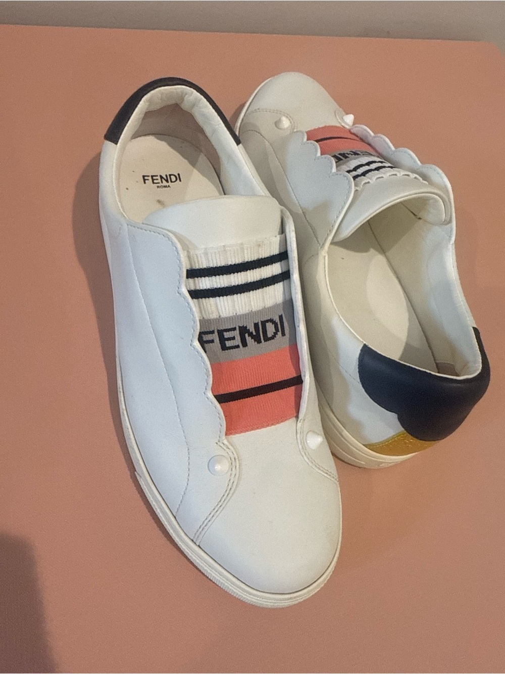 Fendi White Leather Slip-On Sneakers with Coral, Navy and Yellow Accents